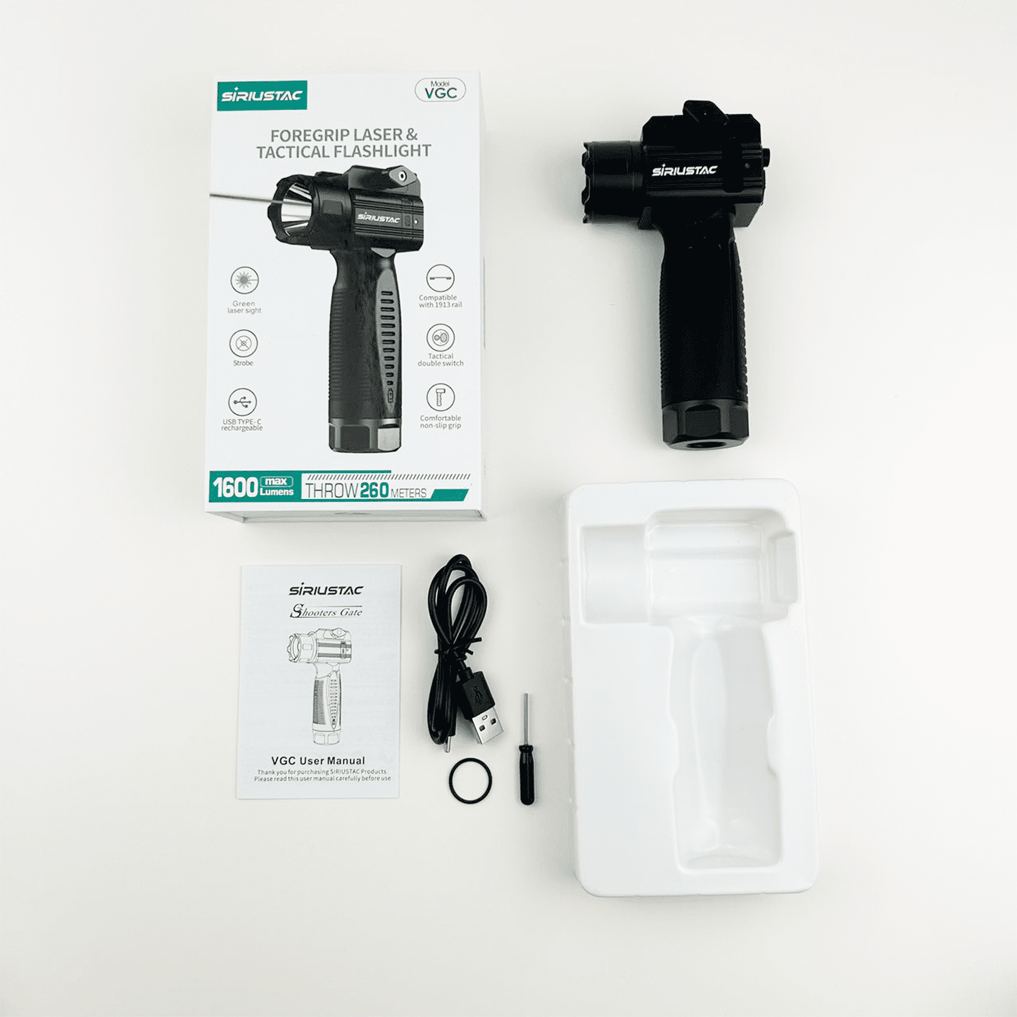 1600 Lumen Foregrip Light with Green Laser | Rechargeable USB TYPE-C | 260 Meter Throw | Rubberized Grip - Titan Security Products Inc.